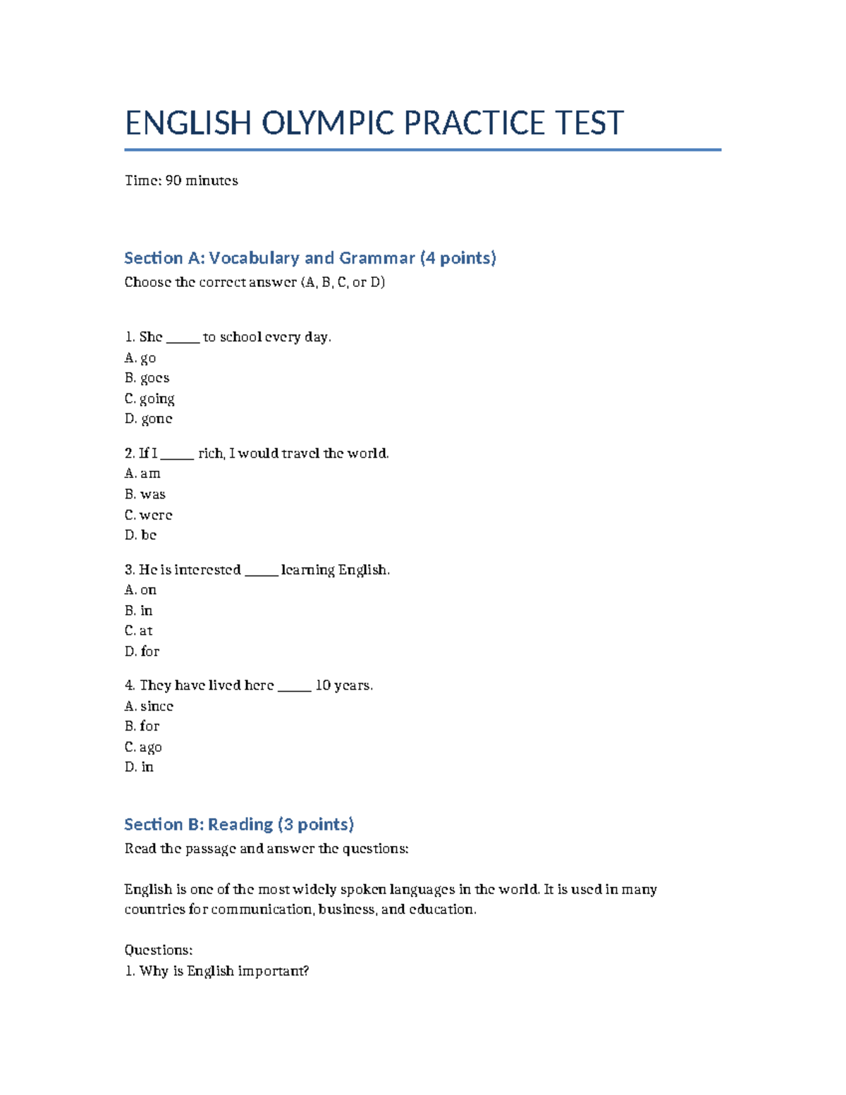 ENGLISH 101 OLYMPIC PRACTICE TEST - Vocabulary & Reading - Studocu