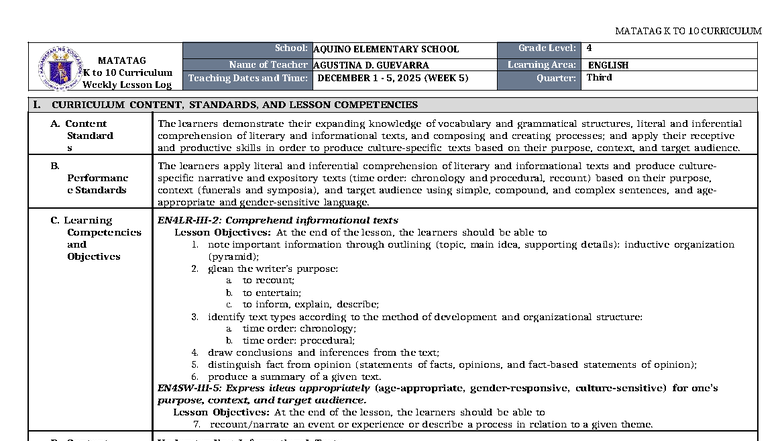 DLL Matatag K to 10 English 4 Q3 Week 5 Lesson Plan - Studocu