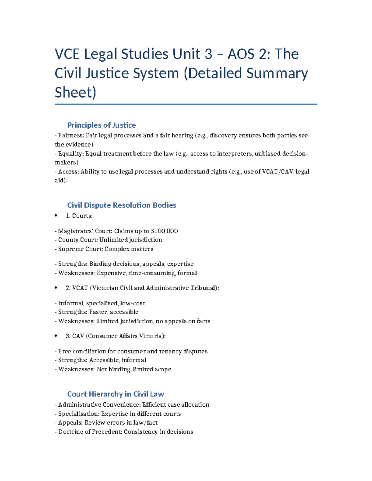 VCE Legal Studies Unit 3 AOS 2: Civil Justice System Summary & SAC ...