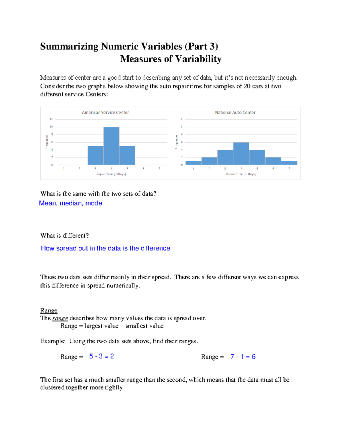 1105 - Excel Lesson on Summarizing Numeric Variables & Spread - Studocu