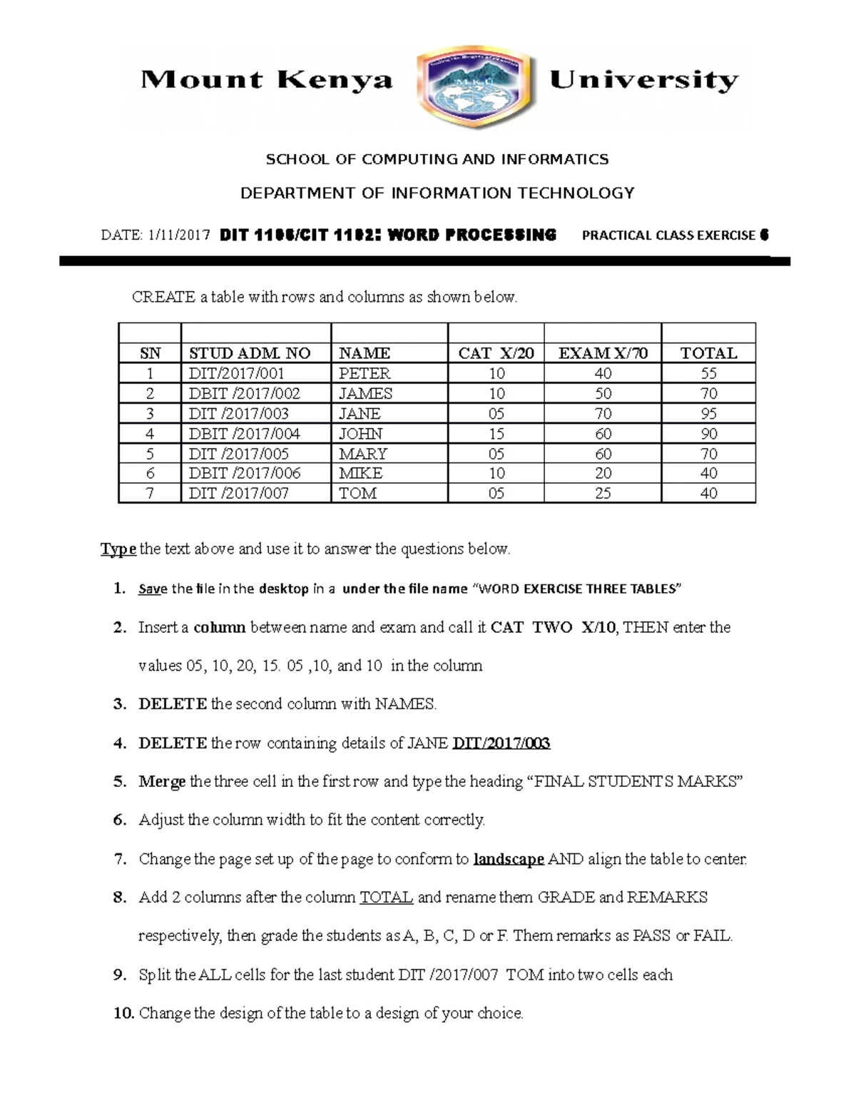 WORD Processing Exercise 1 practical exercises - DEPARTMENT OF ...