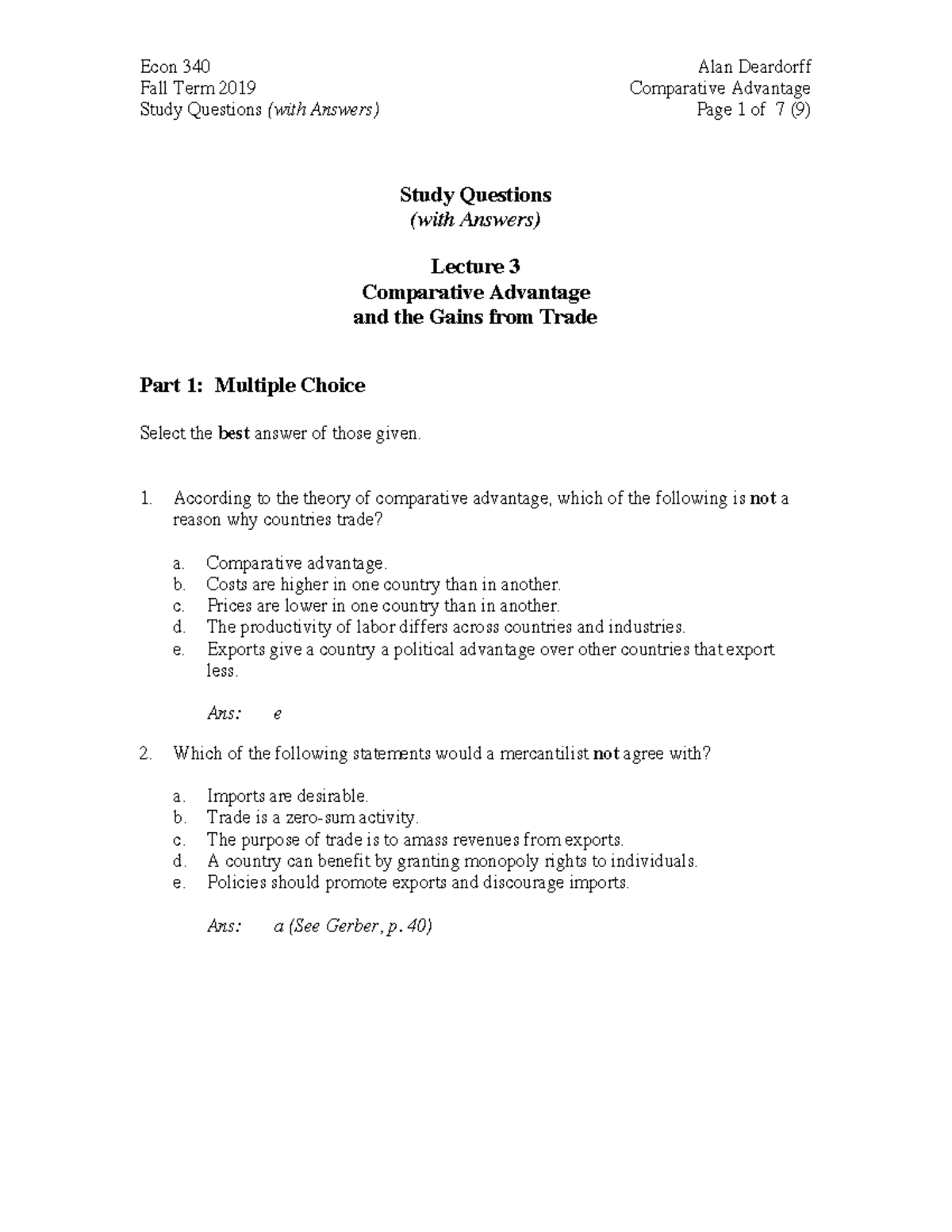 Econ 340 Fall 2019 Study Questions on Comparative Advantage with ...
