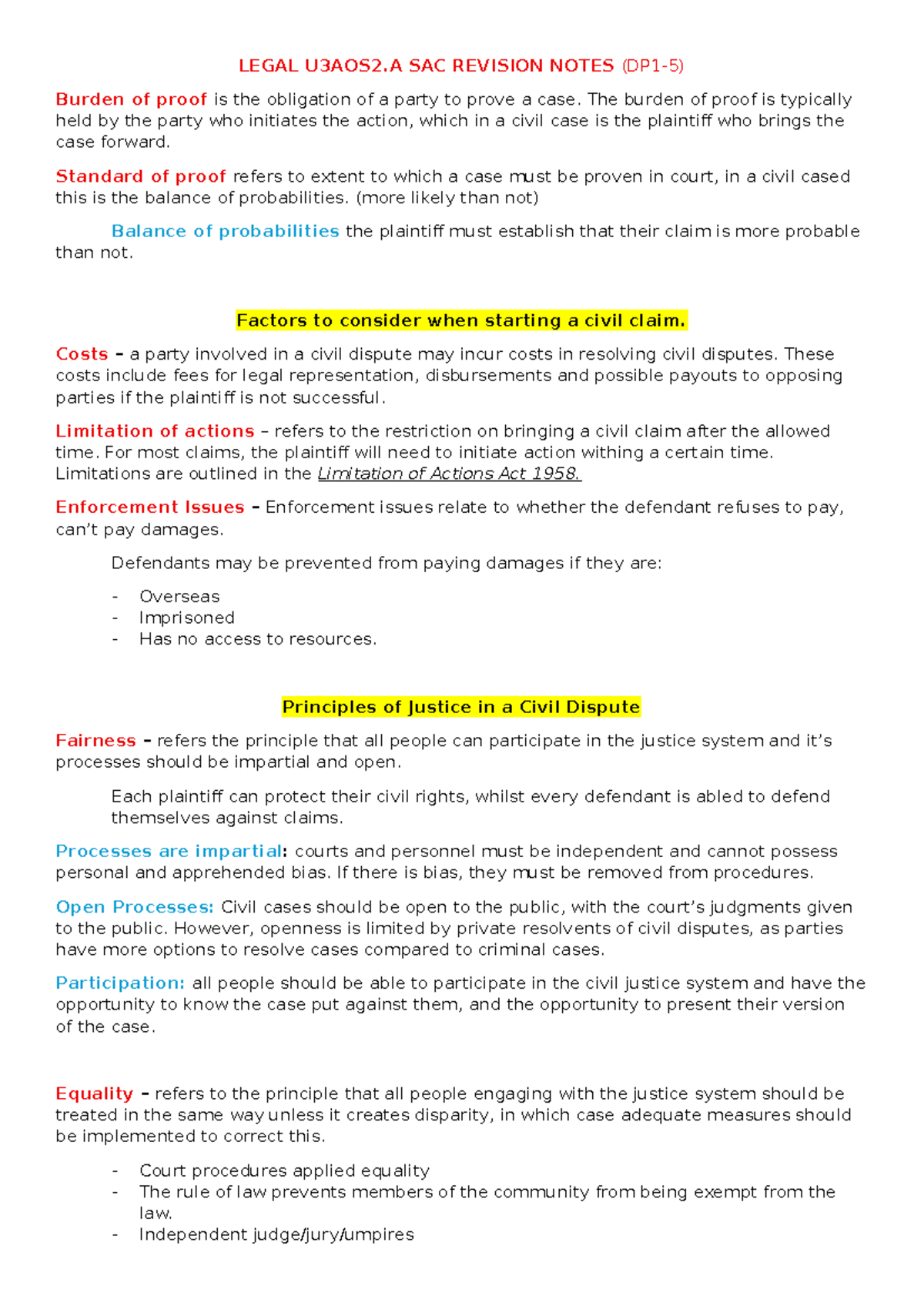 Legal U3AOS2.A SAC Revision Notes: Burden of Proof & Civil Disputes ...
