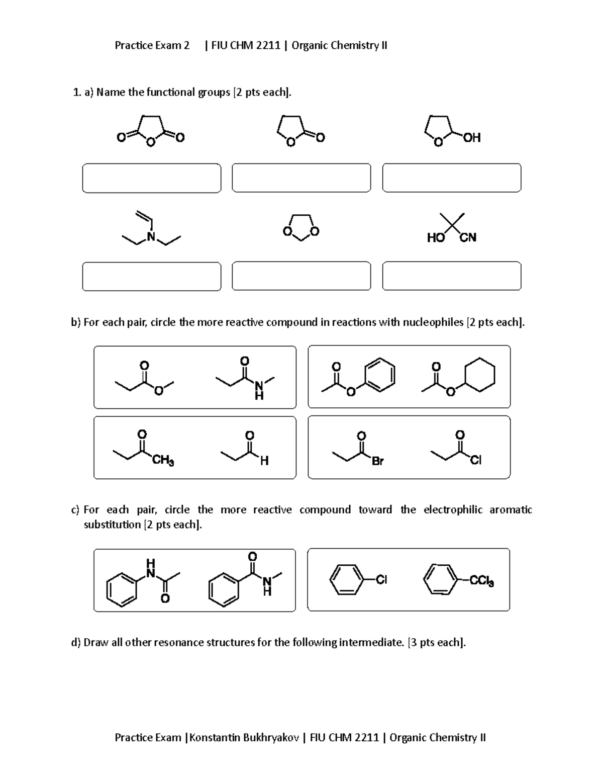 Practice Exam 2 FIU CHM 2211 Organic Chemistry II - Bukhryakov - Studocu