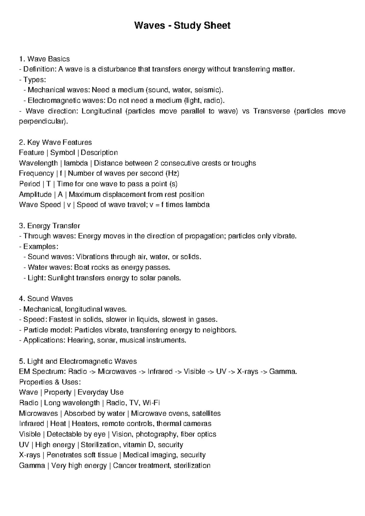 Waves Study Sheet: Key Concepts and Features Explained - Studocu
