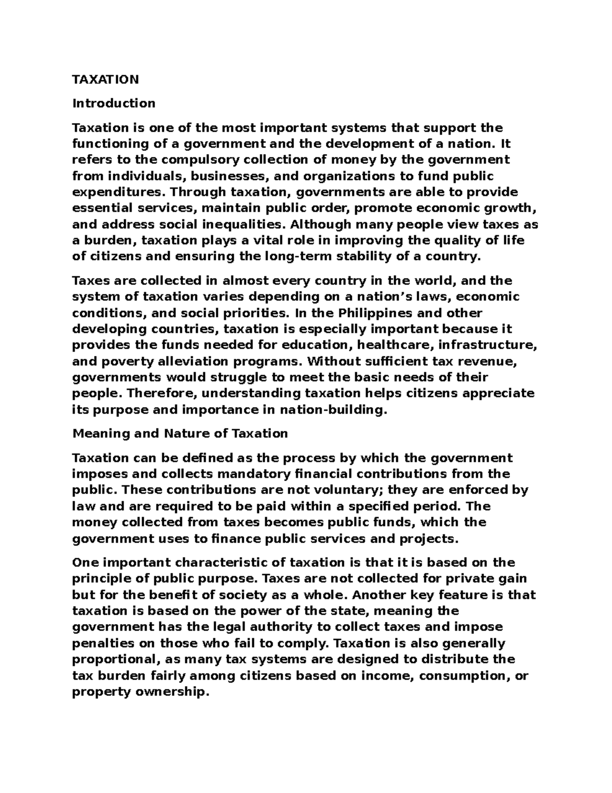 TAXATION - Comprehensive Notes on Purpose, Types, and Importance - Studocu