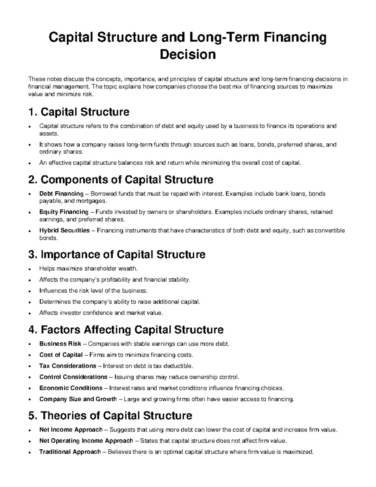 Capital Structure & Long-Term Financing Notes: Key Concepts & Theories ...