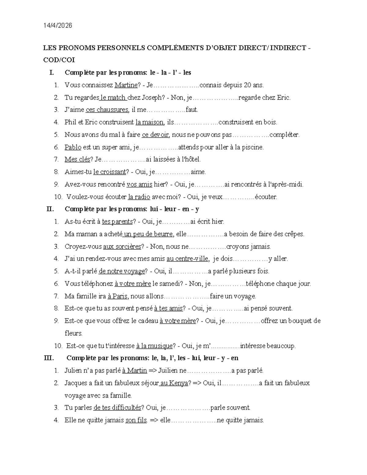 LES PRONOMS PERSONNELS COMPLÉMENTS INDIRECT - COD-COI - Studocu