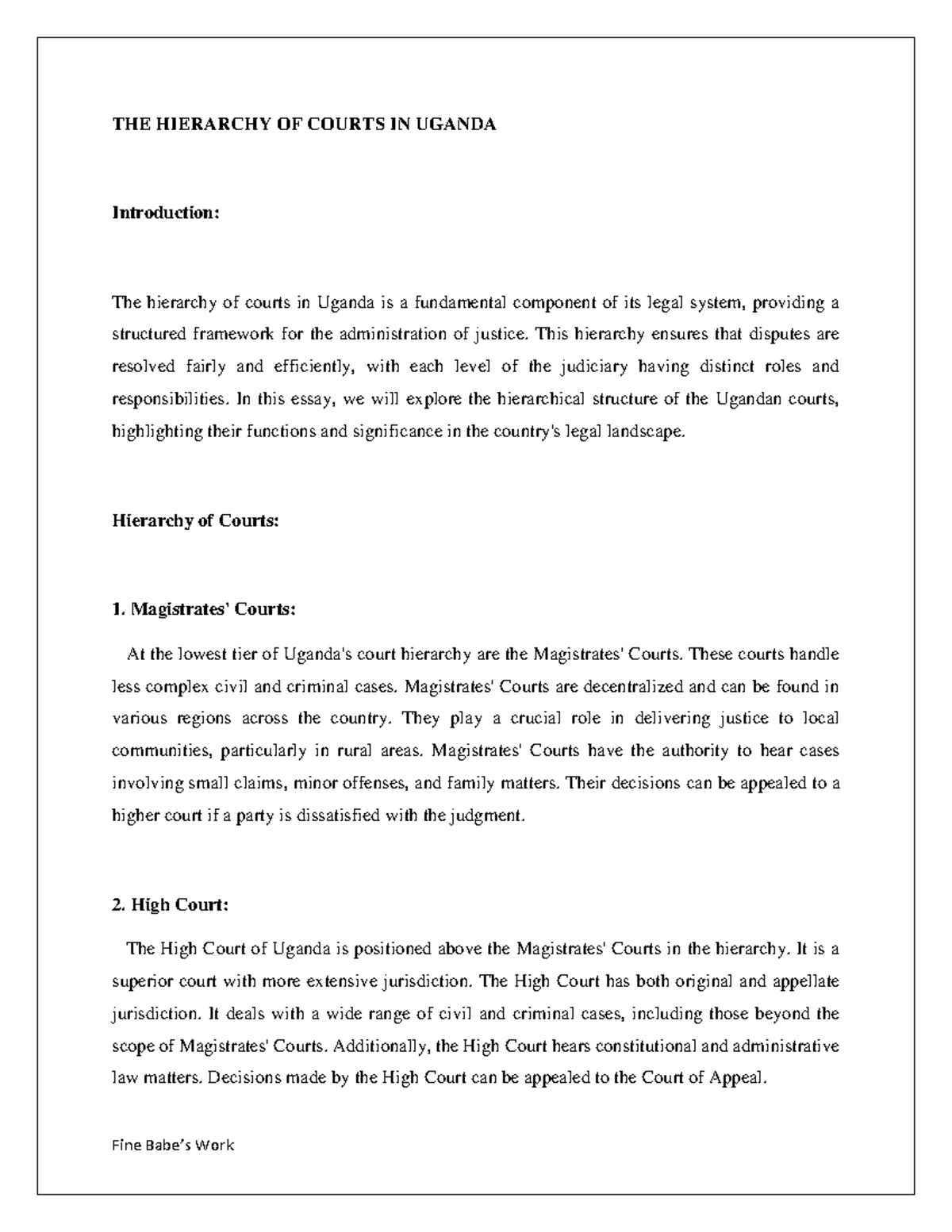 Hierarchy of Courts in Uganda: Structure and Functions Explained - Studocu