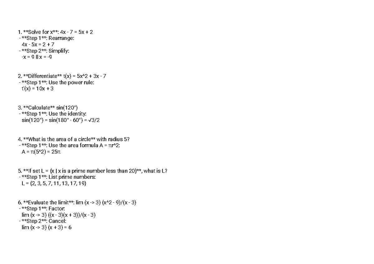 Math 101 Final Exam Review - Solutions (2019) - Studocu