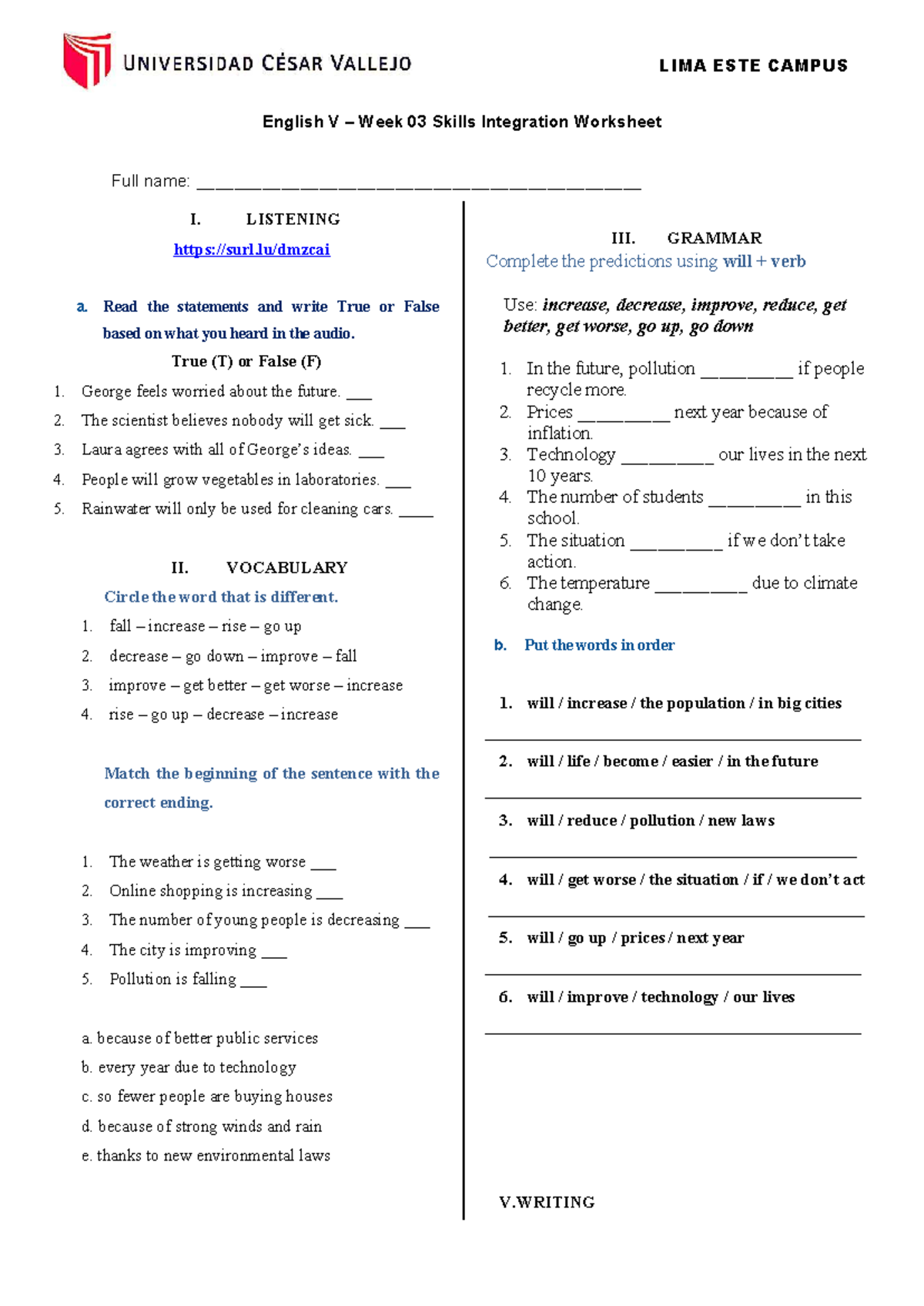 English V - Week 03 Skills Integration Worksheet - Studocu