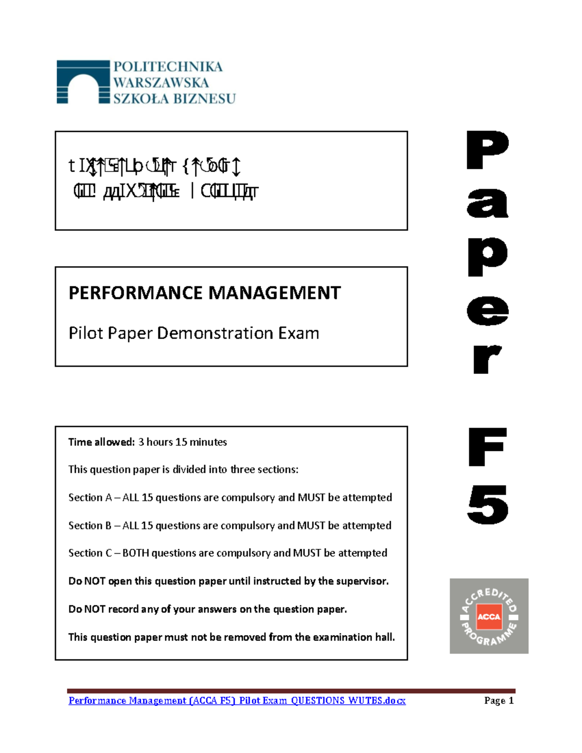 Performance Management ACCA F5 Pilot Exam Questions - WUTBS Review ...