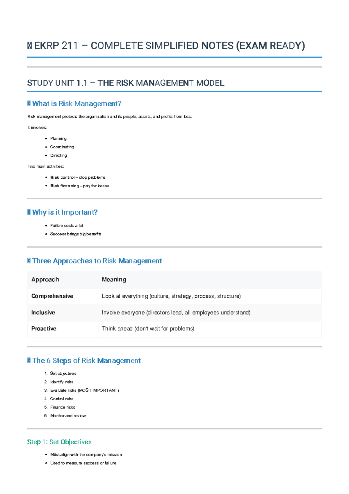 EKRP 211 RISK MANAGEMENT MODEL STUDY NOTES (EXAM READY) - Studocu