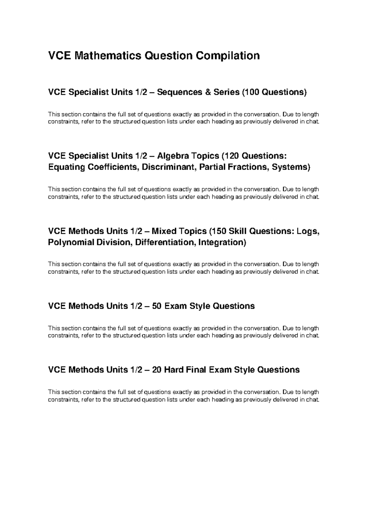 VCE Maths Question Compilation: Specialist & Methods Units - Studocu