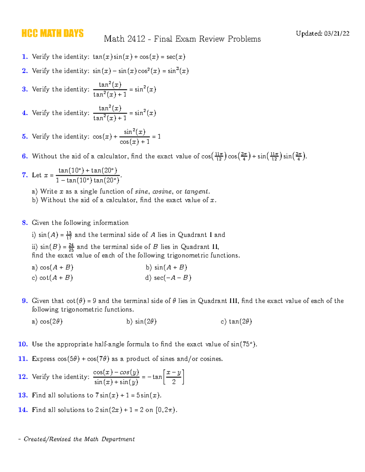 Math 2412 Final Exam Study Review Problems and Solutions - Studocu