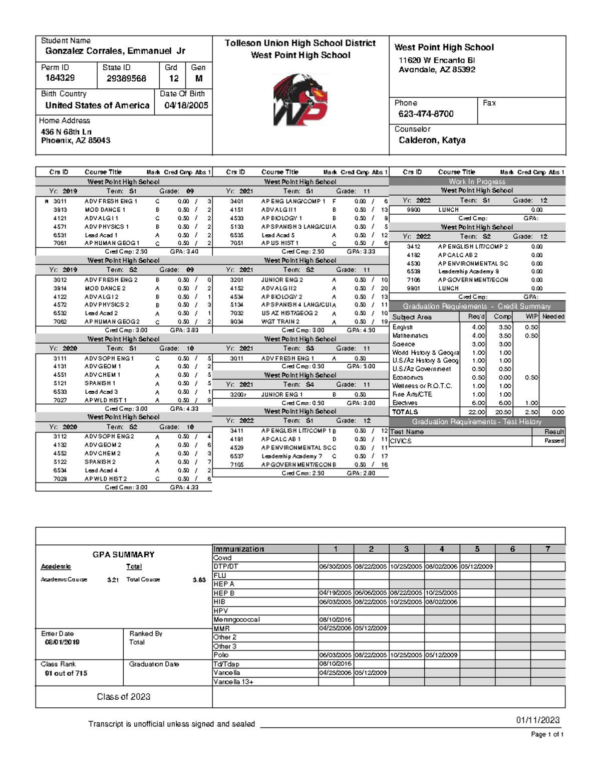 E GC 184329 - West Point High School Academic Transcript Summary - Studocu
