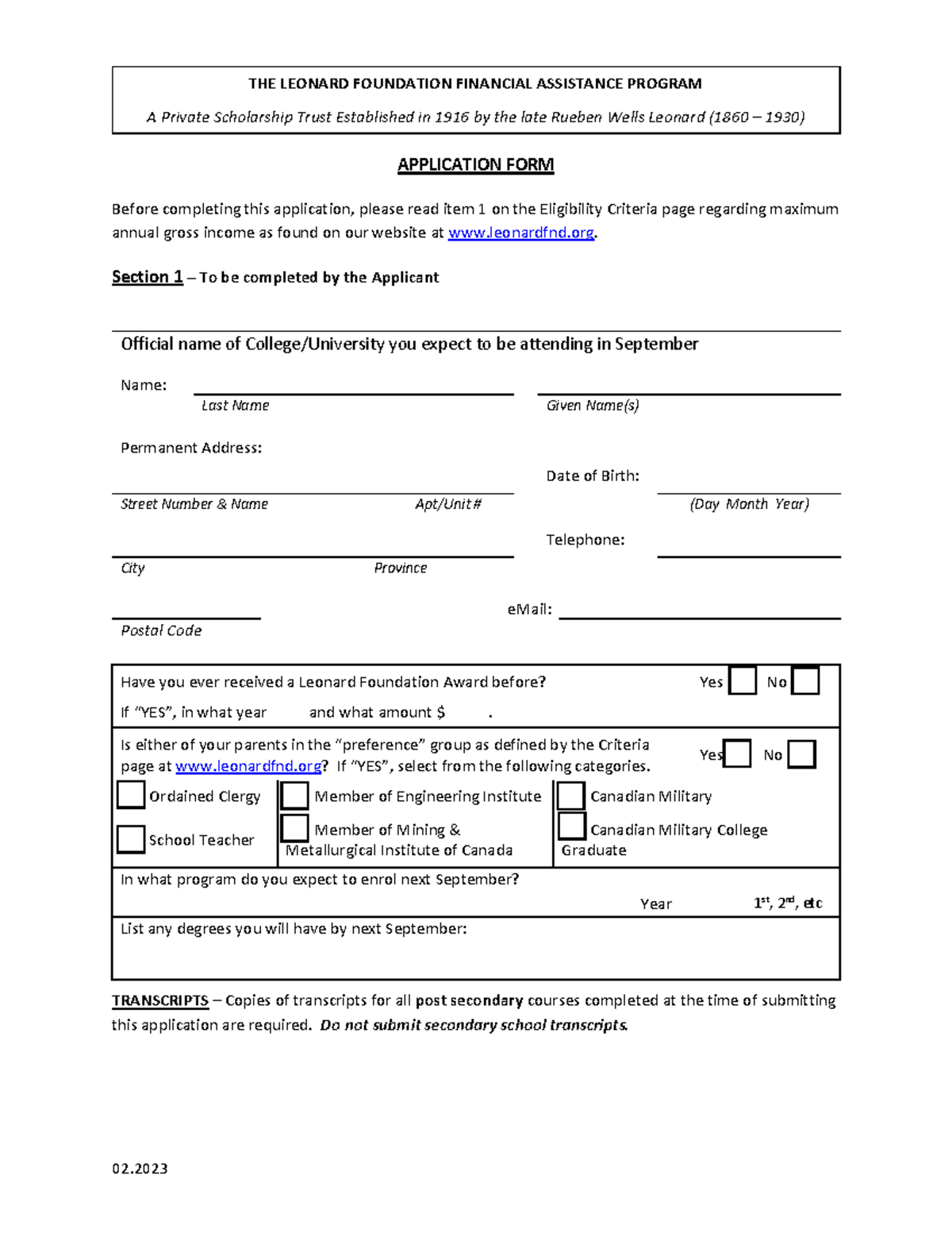 Leonard Foundation financial assistance program application form TLF ...