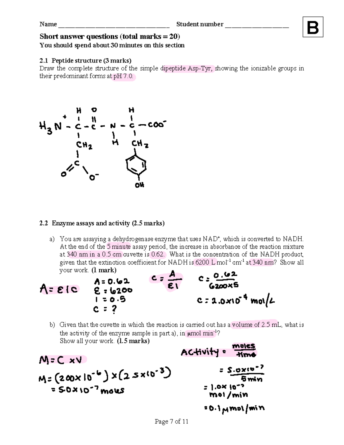 Biochem 101 Midterm Short Answer Questions (Total Marks: 20) - Studocu