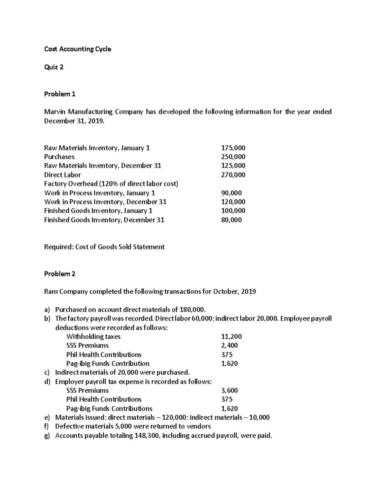 Cost Accounting Cycle - Quiz 2 Solutions and Analysis - Studocu