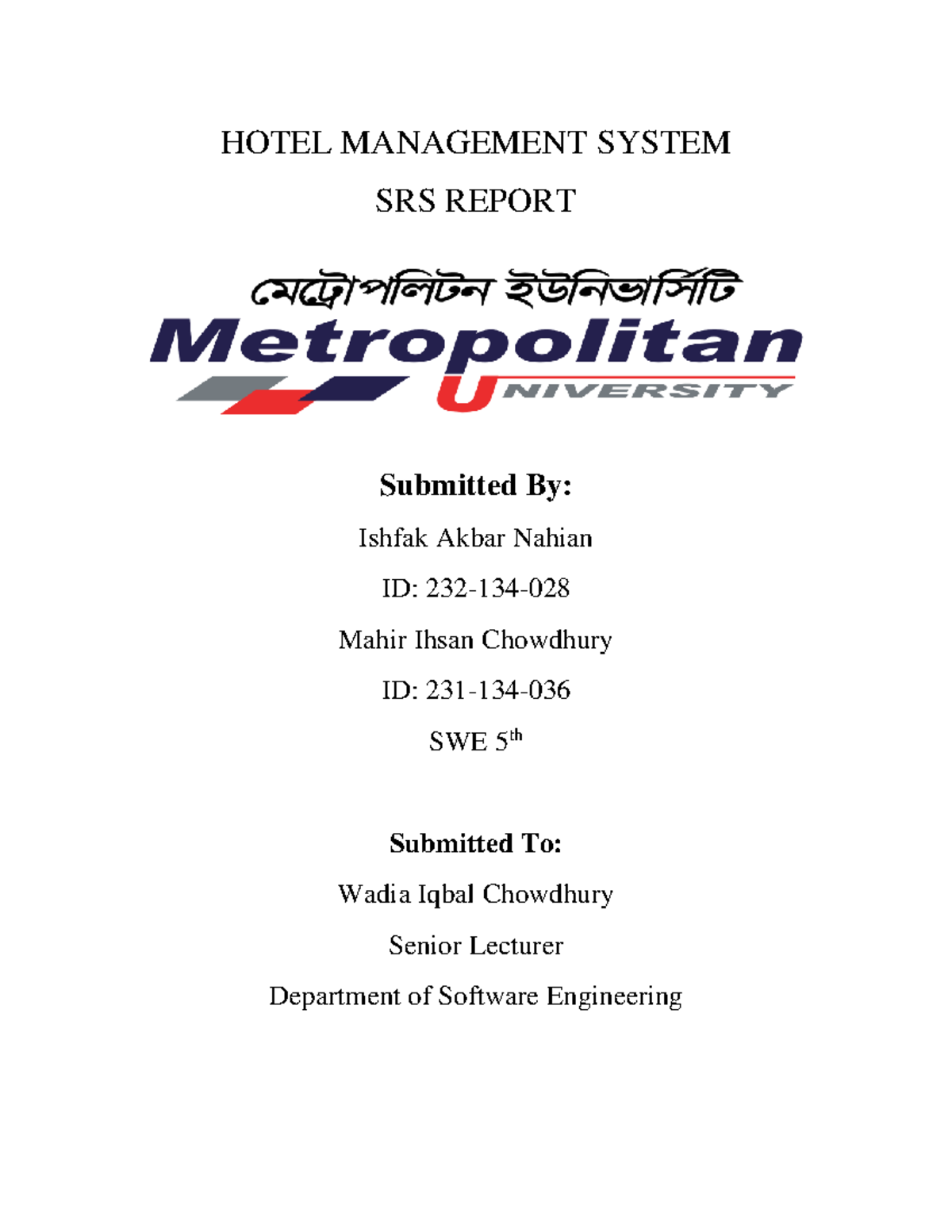 Hotel Management System (HMS) SRS report for SWE 5th - Studocu