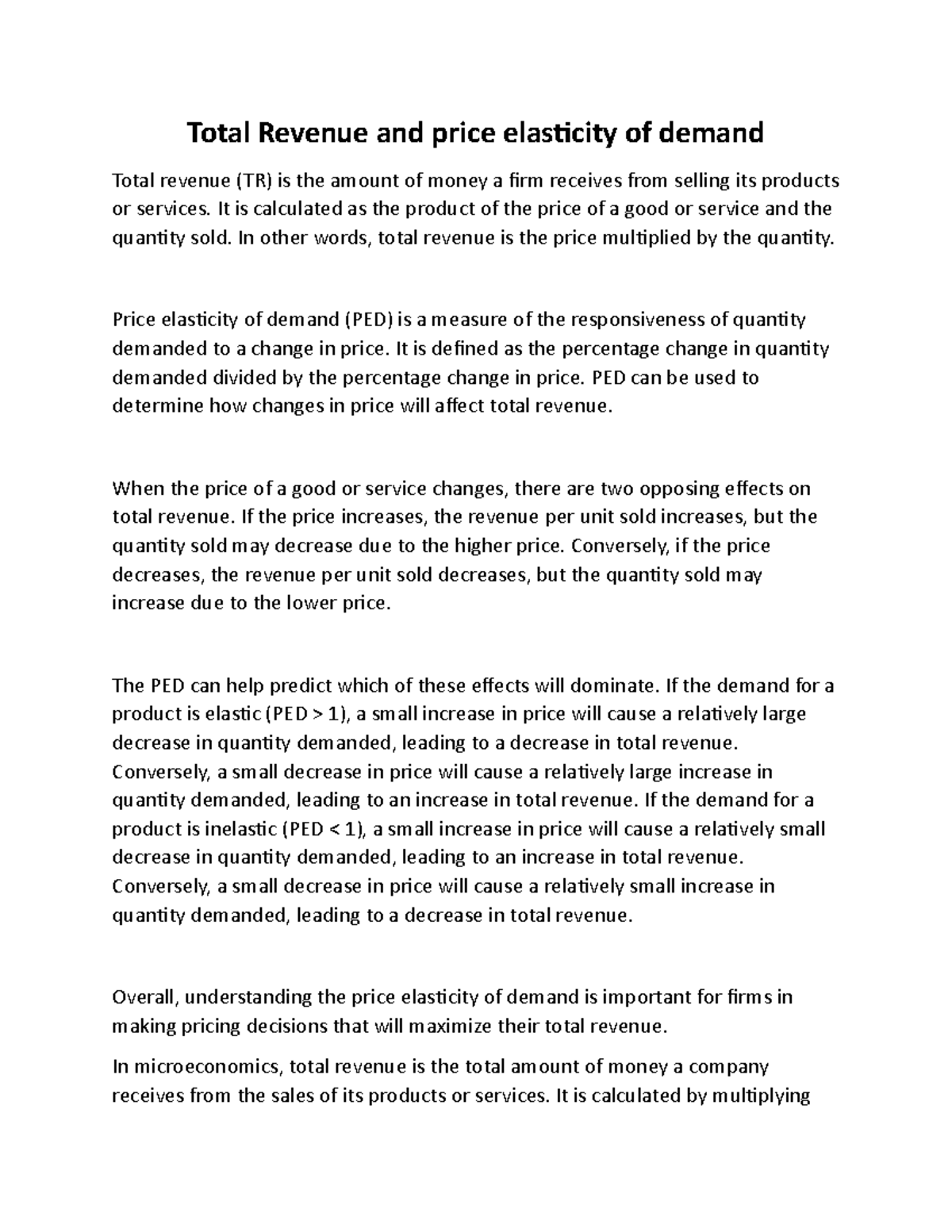 Total Revenue and price elasticity of demand - It is calculated as the ...