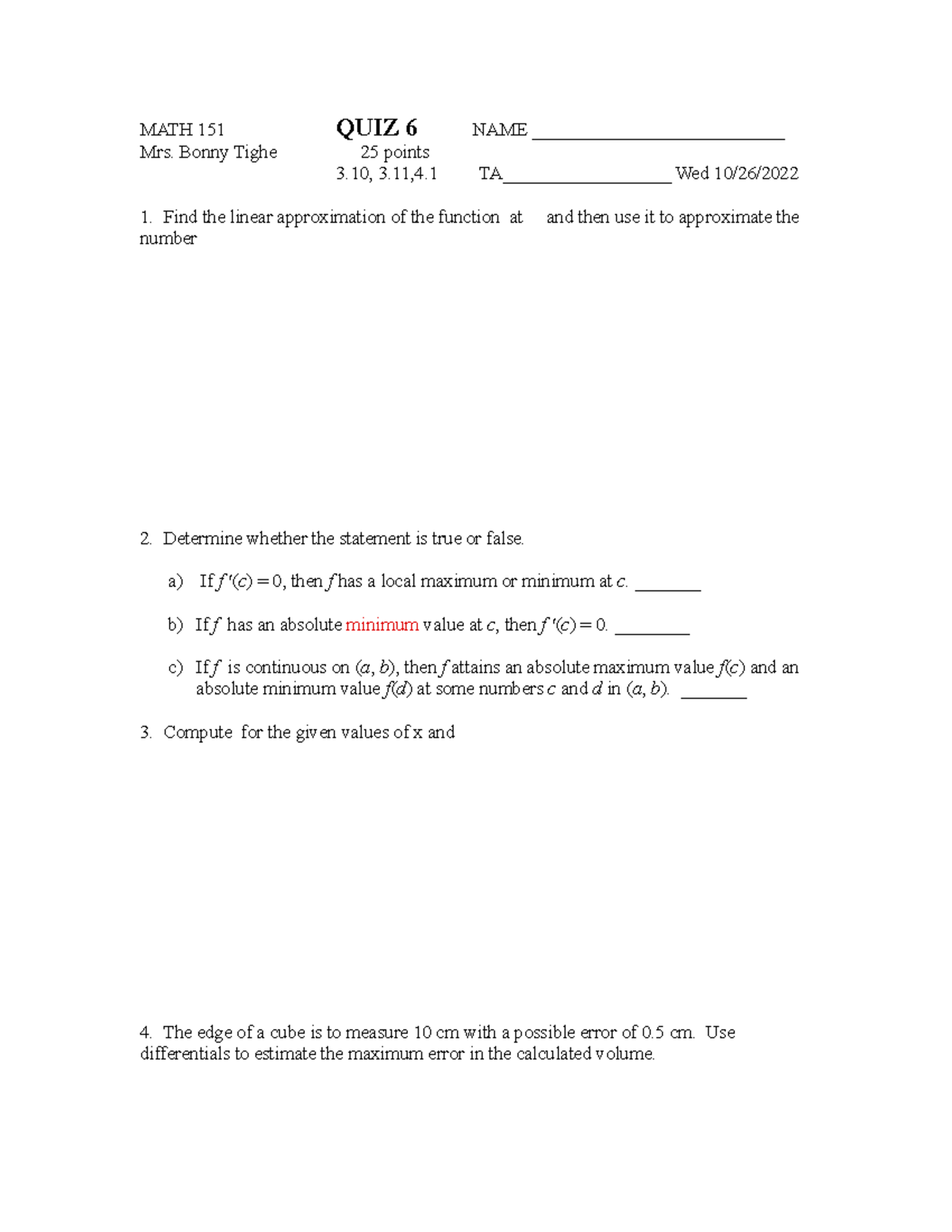 MATH 151 Midterm Practice Quiz 6: Approximation & Max Errors - Studocu