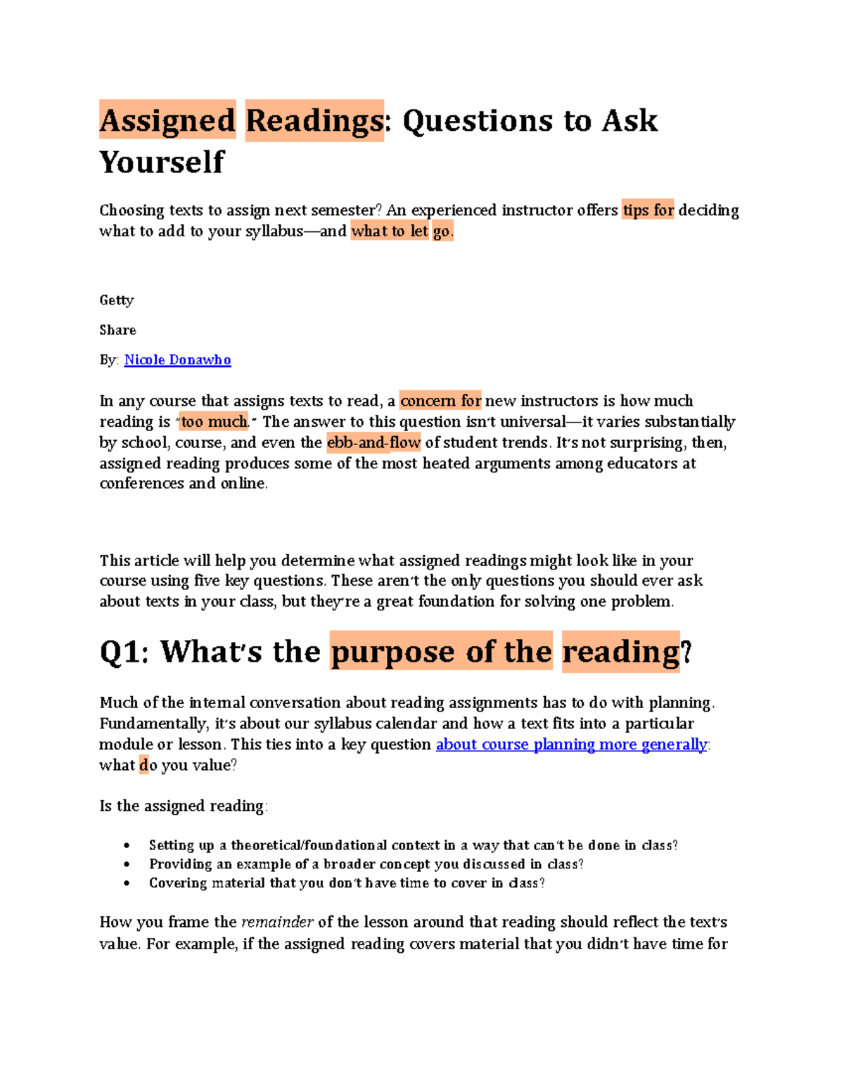 JSTR3 - 12252: Key Questions for Assigning Readings in Courses - Studocu