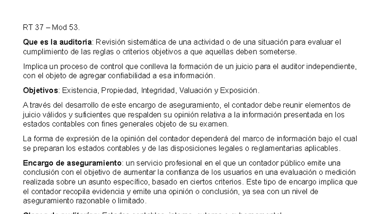 RT 37 Mod 53. Resumen de Auditoría para 1° Parcial - Studocu