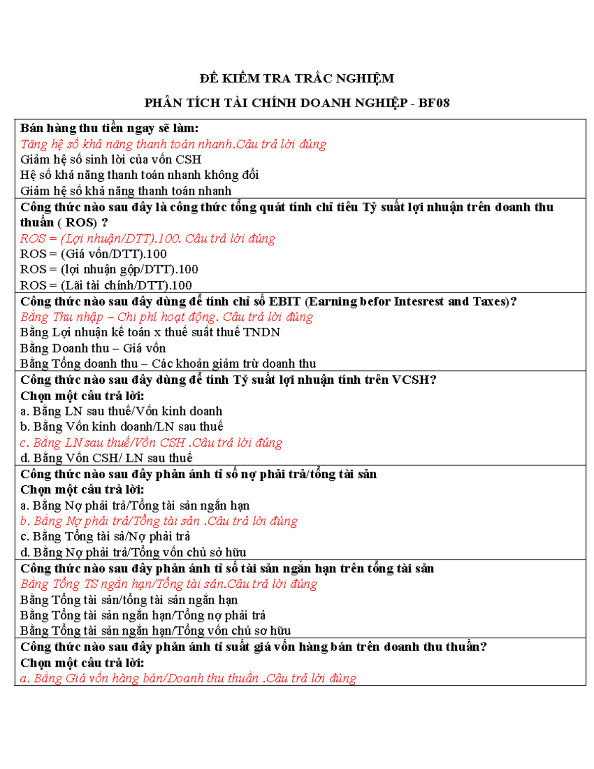 ĐỀ KIỂM TRA TRẮC NGHIỆM PHÂN TÍCH TÀI CHÍNH DOANH NGHIỆP BF08 - Document Preview