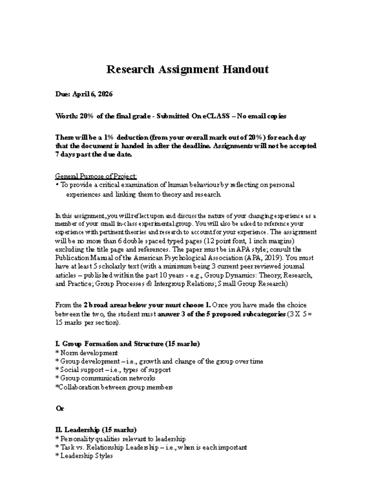 Research Assignment Handout: Examining Human Behavior in Groups - Studocu