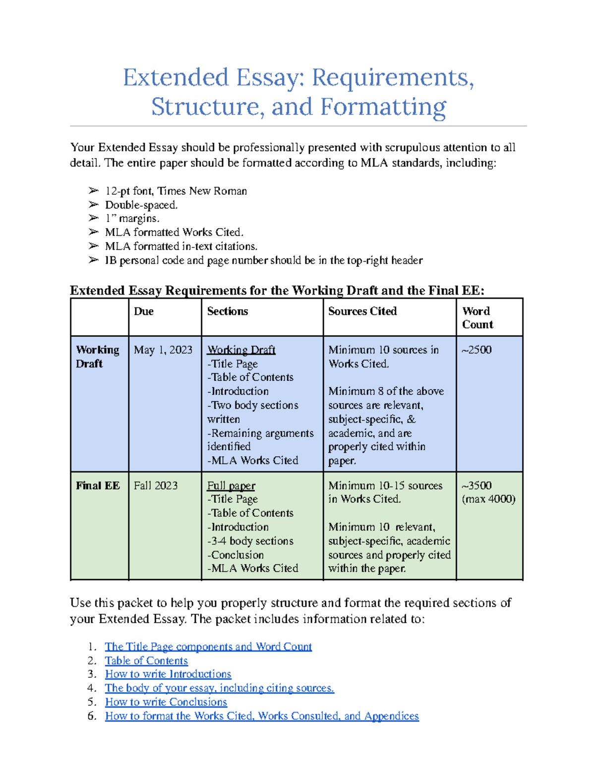 EE Extended Essay: Structure & Formatting Guidelines (2022-23) - Studocu