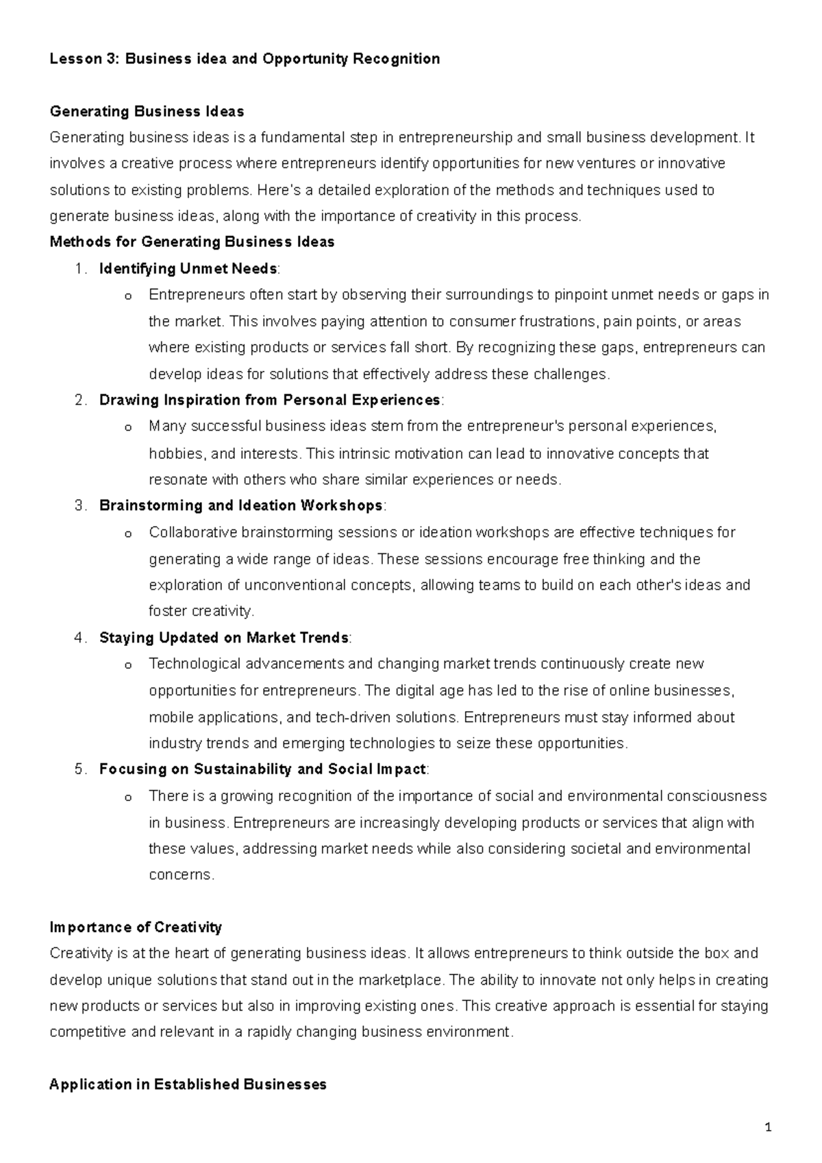 Business Idea Generation and Opportunity Recognition - PPED Lesson 3 ...
