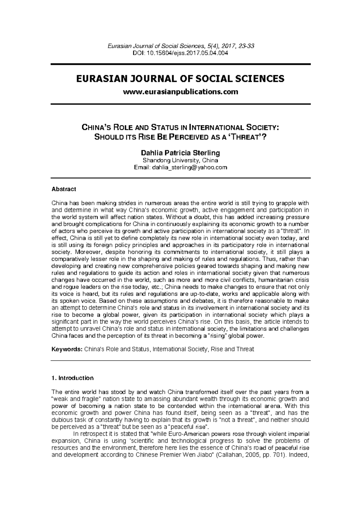 Chinas ROLE AND Status IN International Society - Eurasian Journal of ...