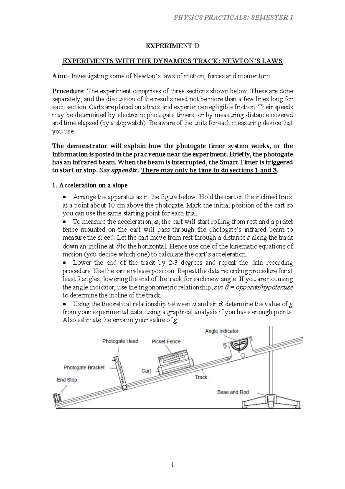 PHYSICS 101: SEMESTER 1 EXPERIMENT D - DYNAMICS TRACK LAWS - Studocu