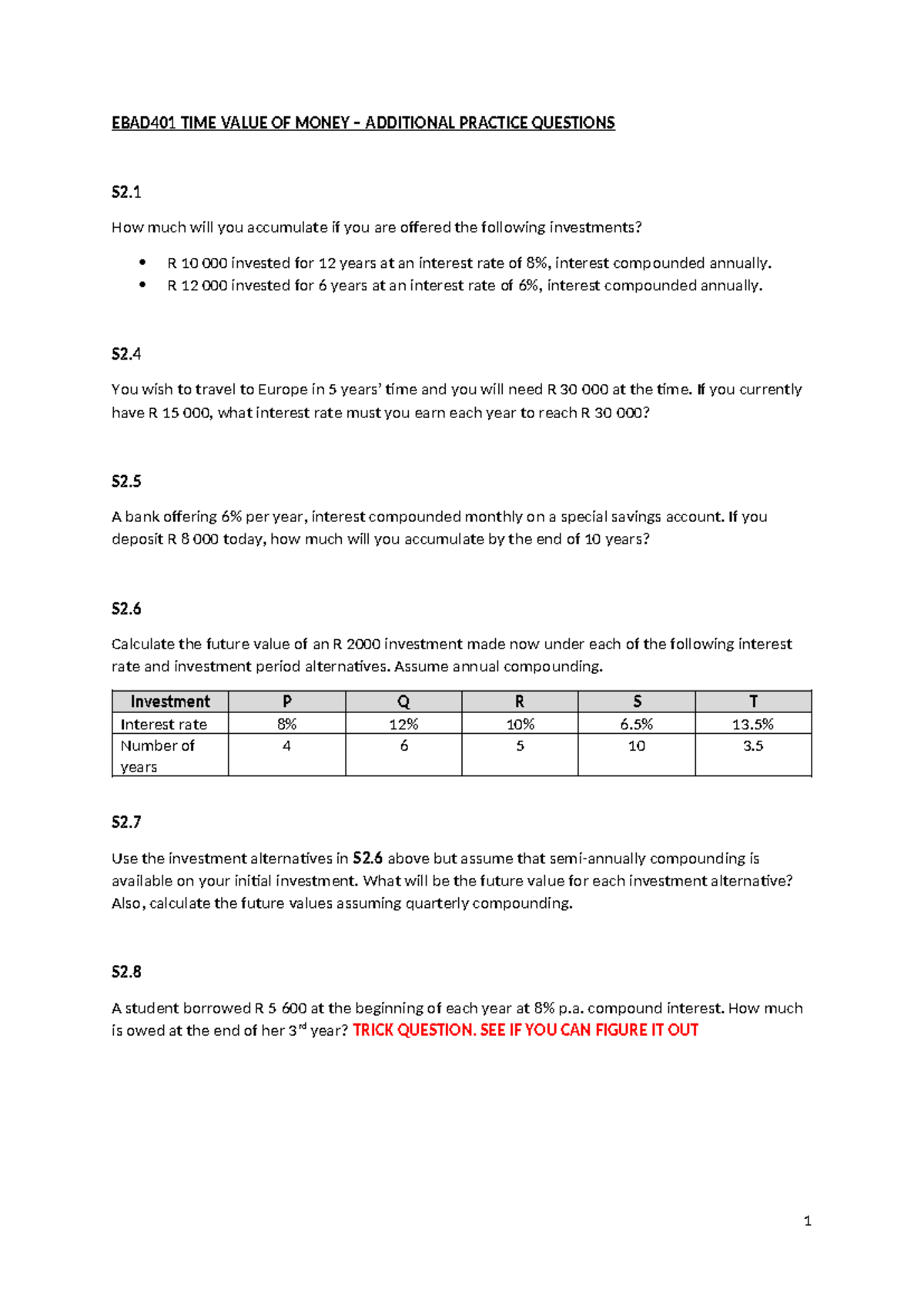 EBAD401 Chapter 5 Time Value of Money - Practice Questions - Studocu