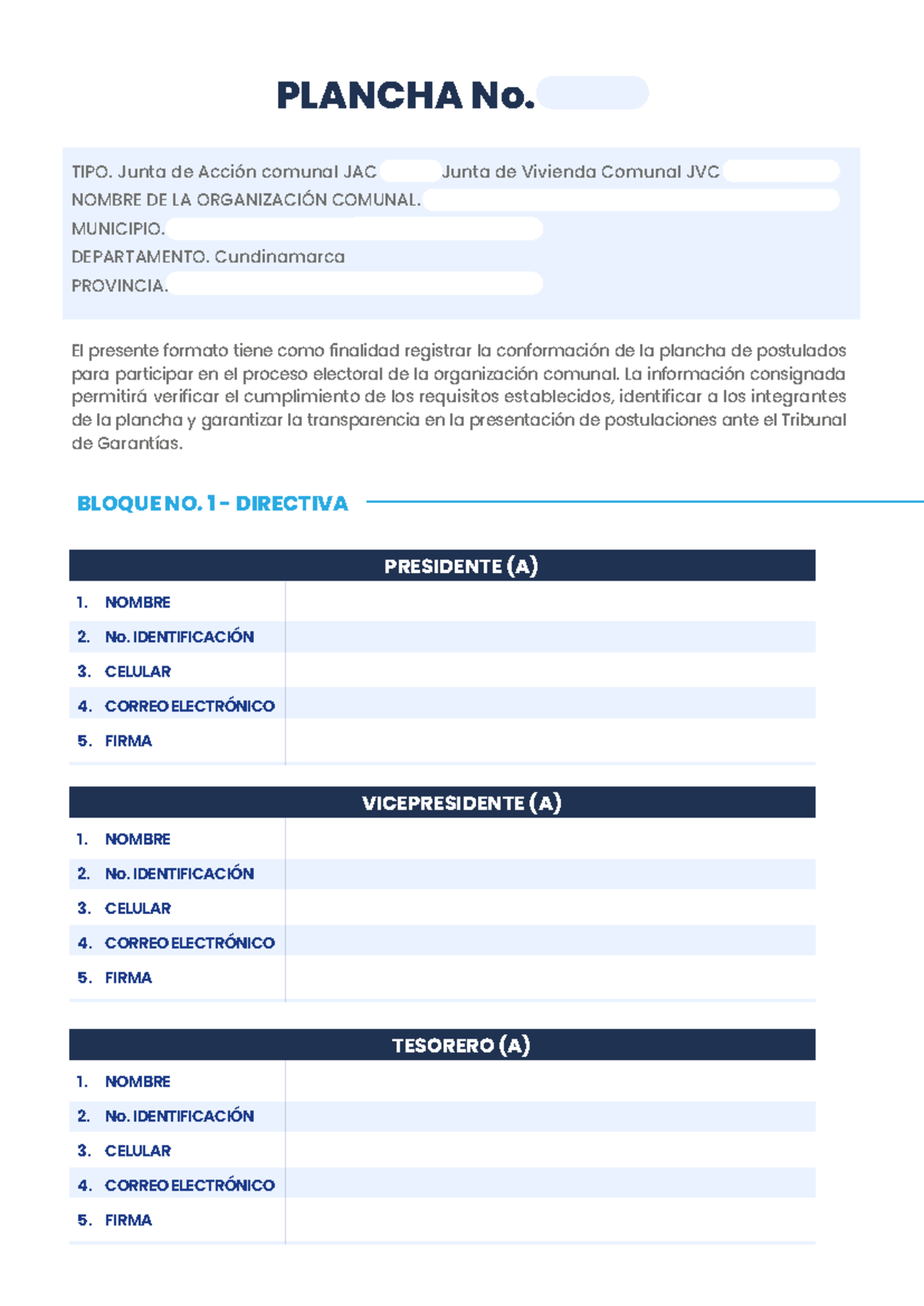 Plancha de Postulados para Elecciones Comunales - Cundinamarca - Document Preview