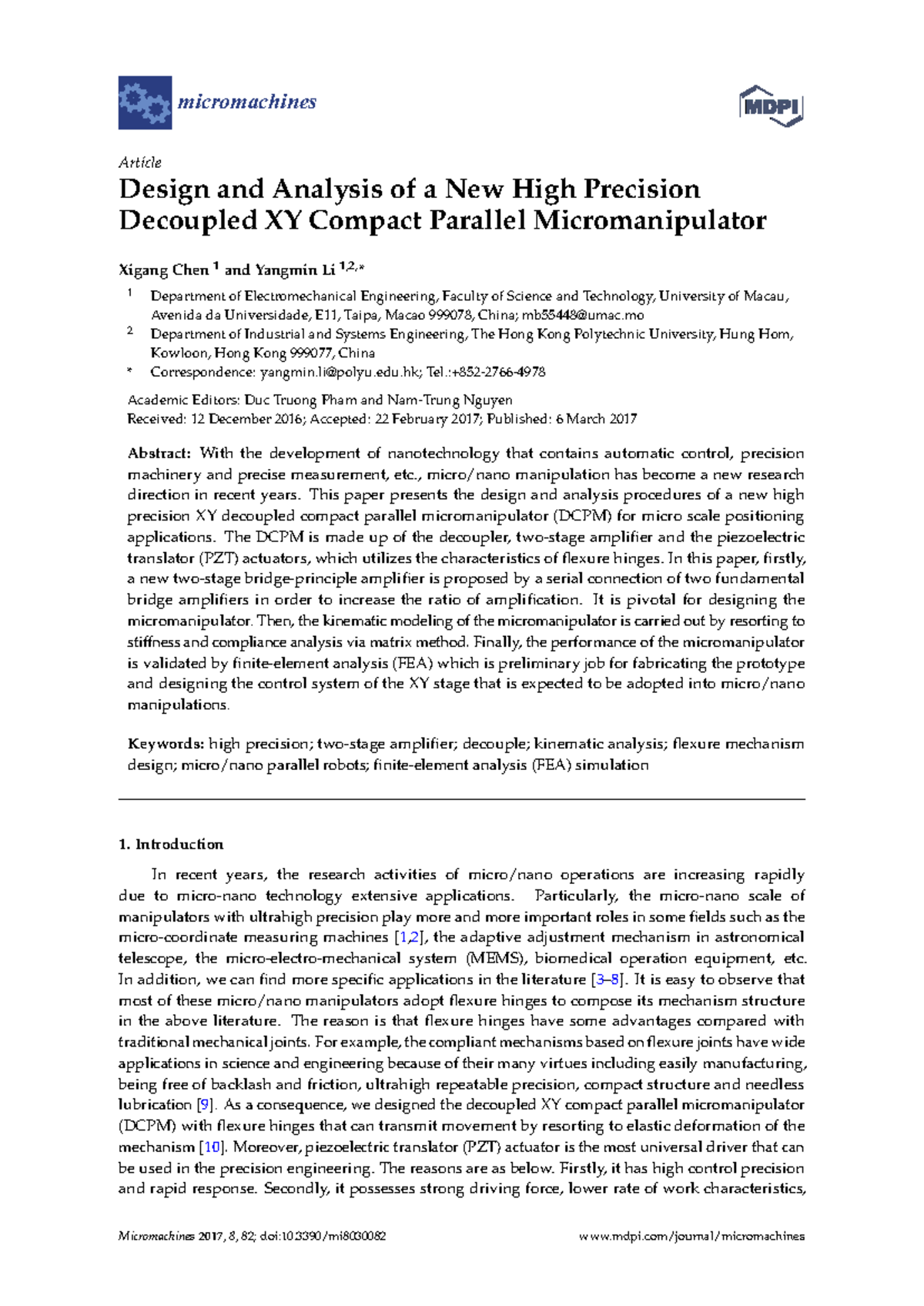Design and Analysis of a High Precision Decoupled XY Micromanipulator ...