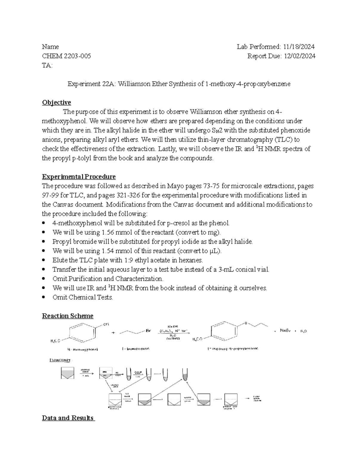 Experiment 22A: Williamson Ether Synthesis Lab Report - Studocu