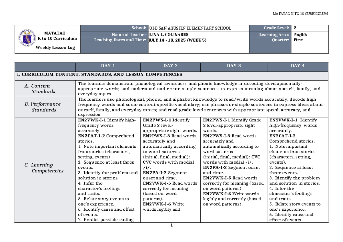DLL Matatag English 2 Q1 W5: Weekly Lesson Log and Activities - Studocu