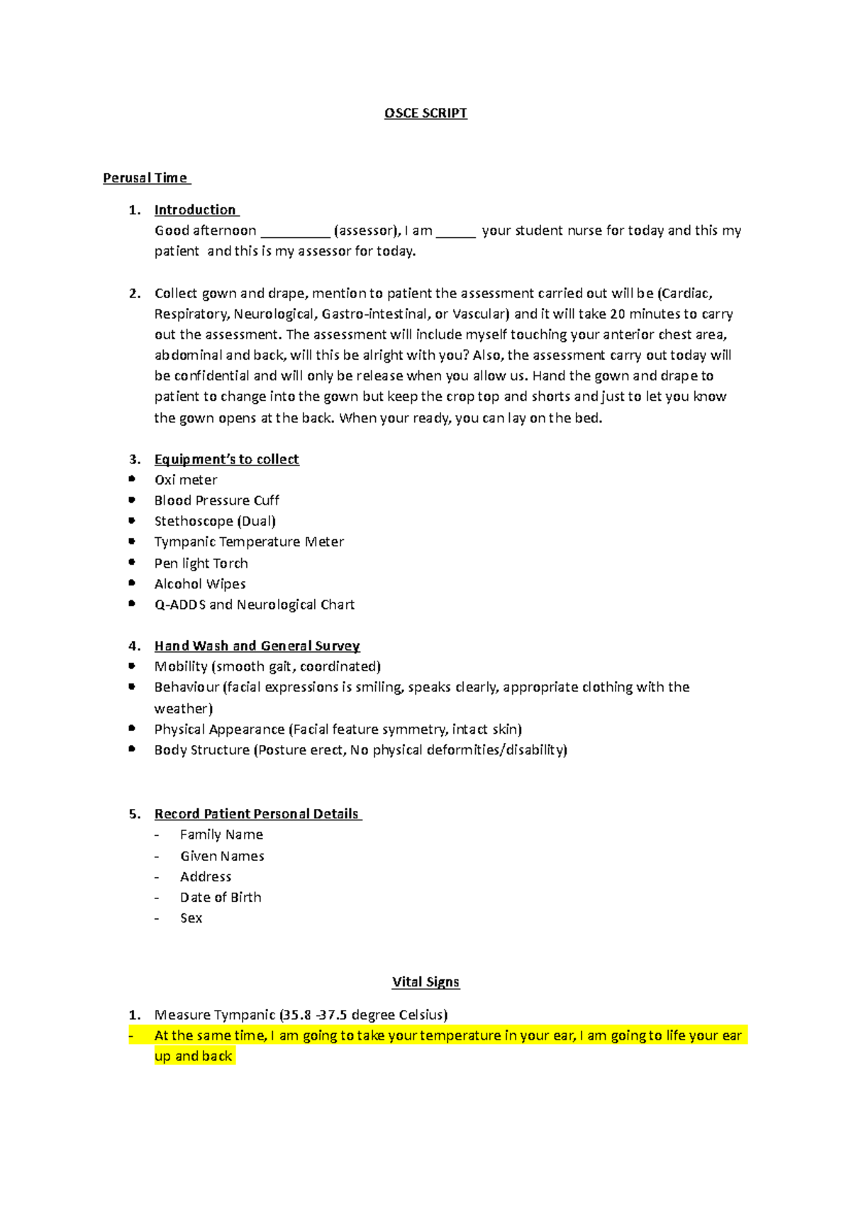 1809 OSCE Script - OSCE - OSCE SCRIPT Perusal Time Introduction Good ...