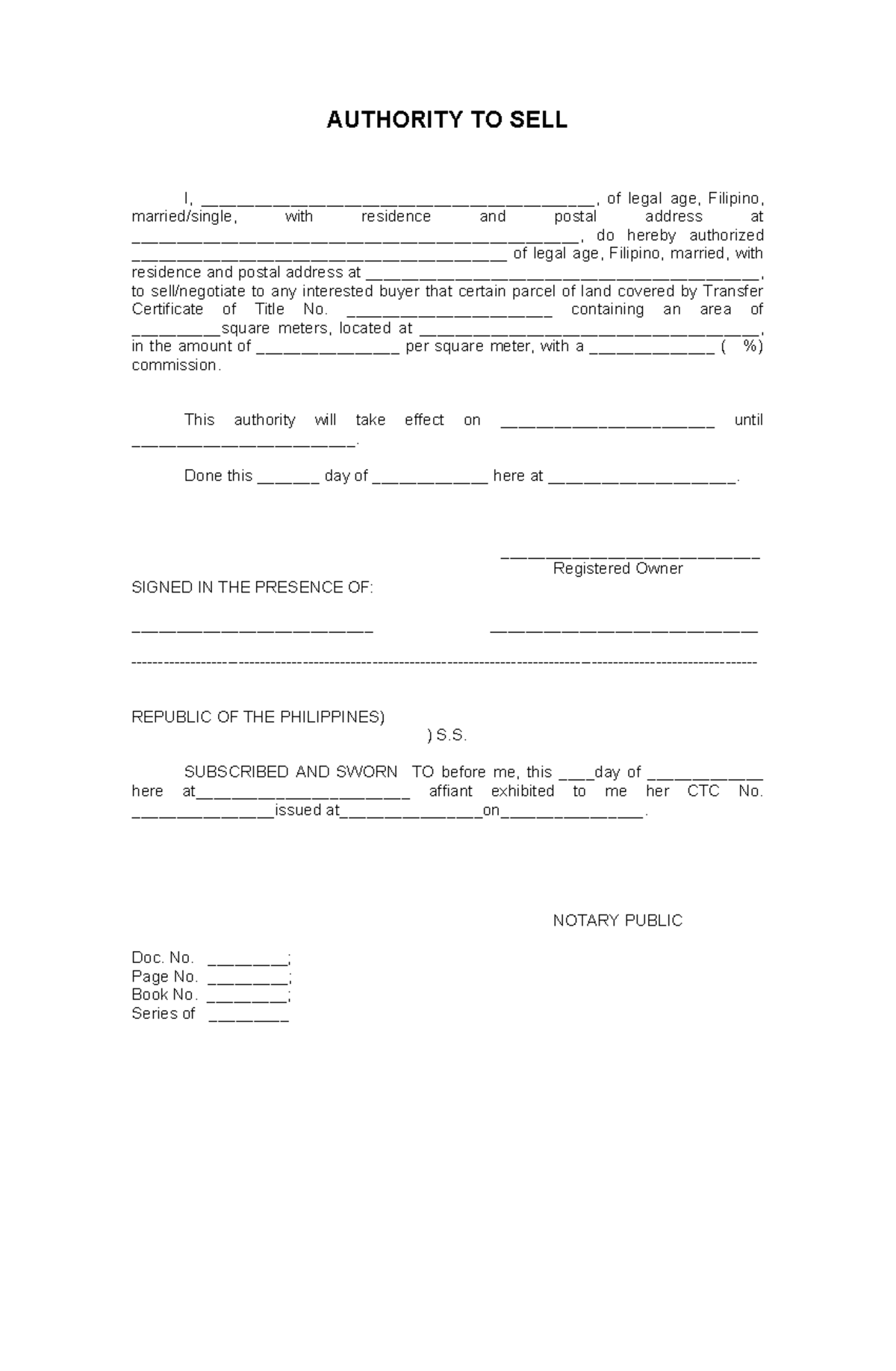 Authority to Sell Format Document for Legal Transactions - Studocu
