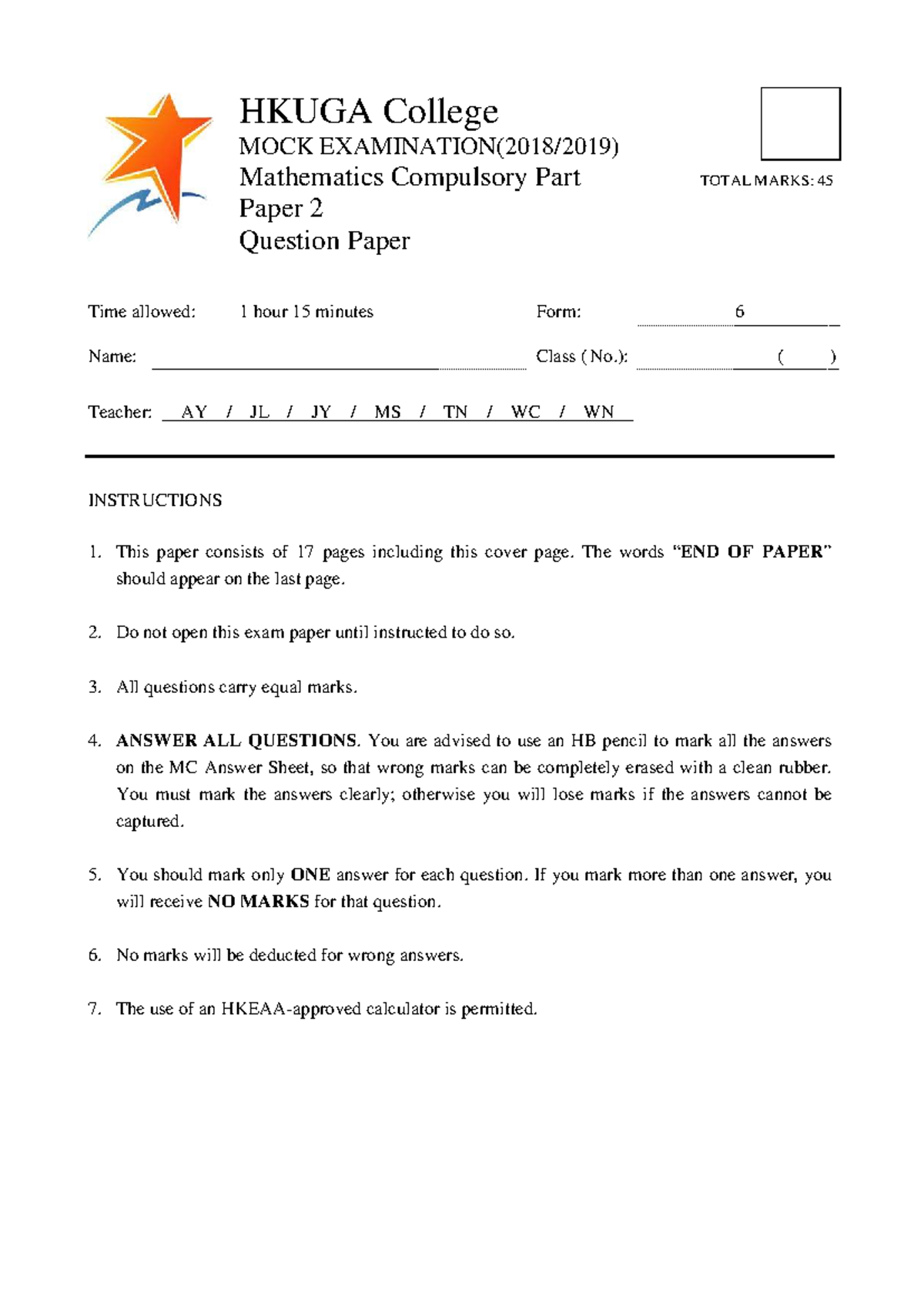 F6-數學-港大同學會書院-1819-Paper 2-Mock Exam - HKUGA College MOCK EXAMINATION ...
