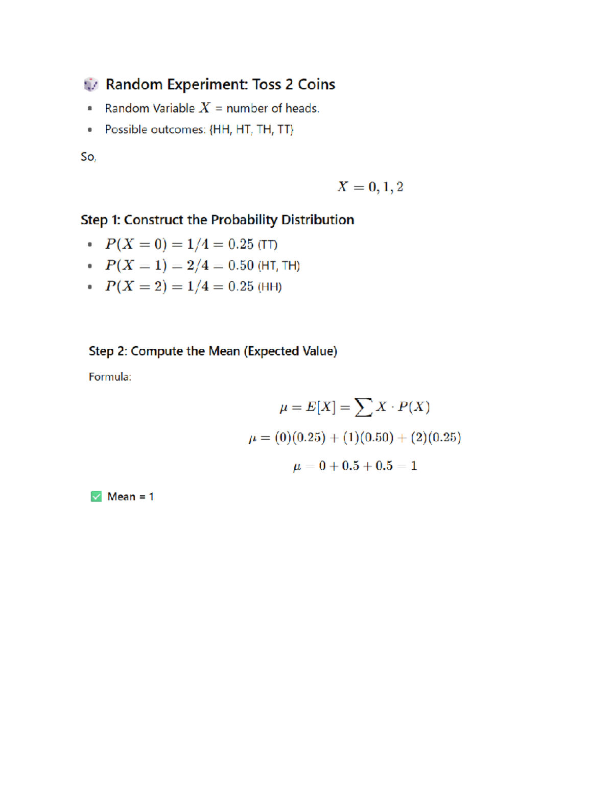 Probability Distribution and Statistics for Coin Tossing (MATH 101 ...