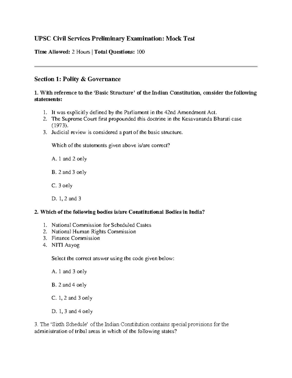 UPSC Civil Services Prelims Mock Test - 25 Jan 2026 - Studocu