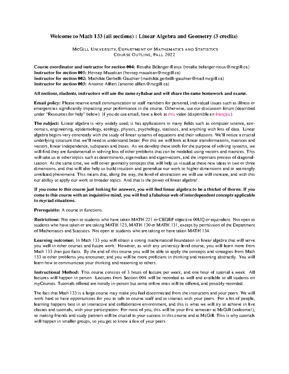 Math 133 - Linear Algebra & Geometry Syllabus - Fall 2022 - Studocu