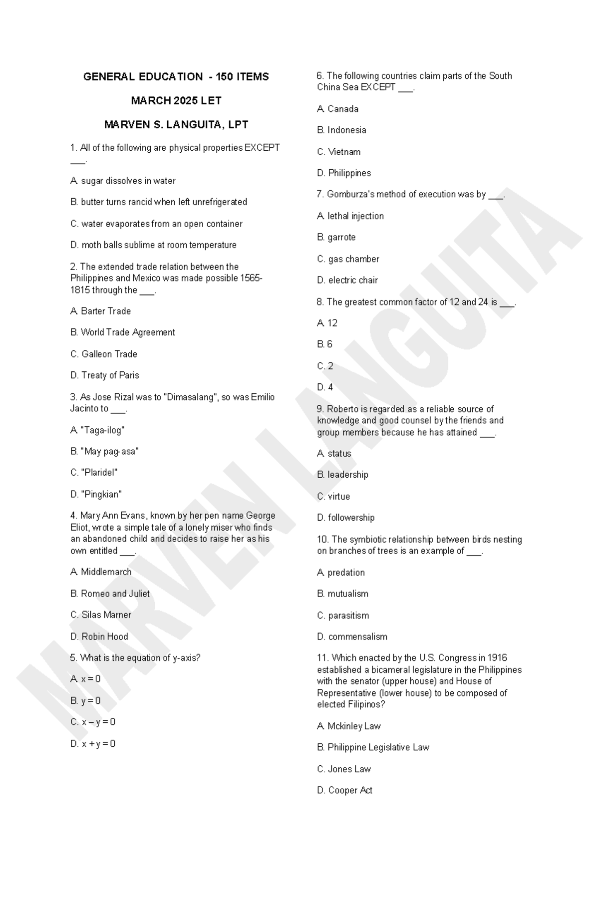 GEN ED 150 ITEMS MARCH 2025 LET - Review Questions by Sir Marven - Studocu