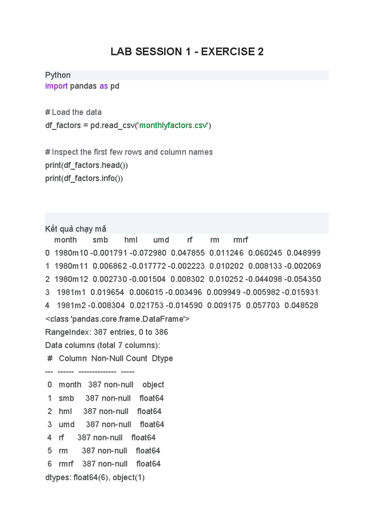 LAB SESSION 1 - EXERCISE 2: Python Data Analysis Techniques - Studocu