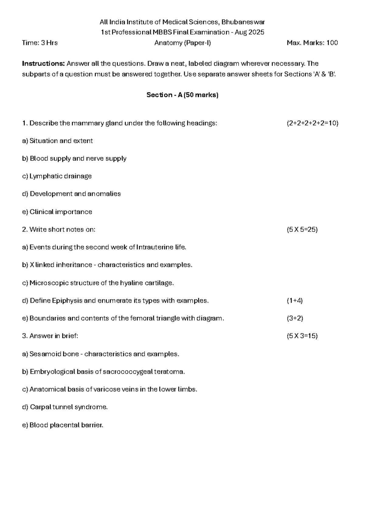Anatomy Paper 2025: 1st Prof MBBS Final Exam (AIIMS Bhubaneswar) - Studocu