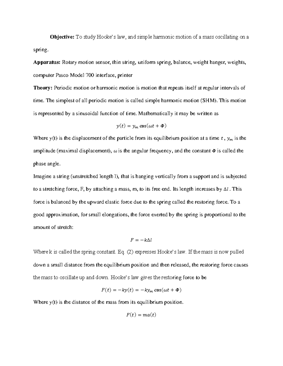 Physics Report 7-2: Analyzing Simple Harmonic Motion and Hooke's Law ...