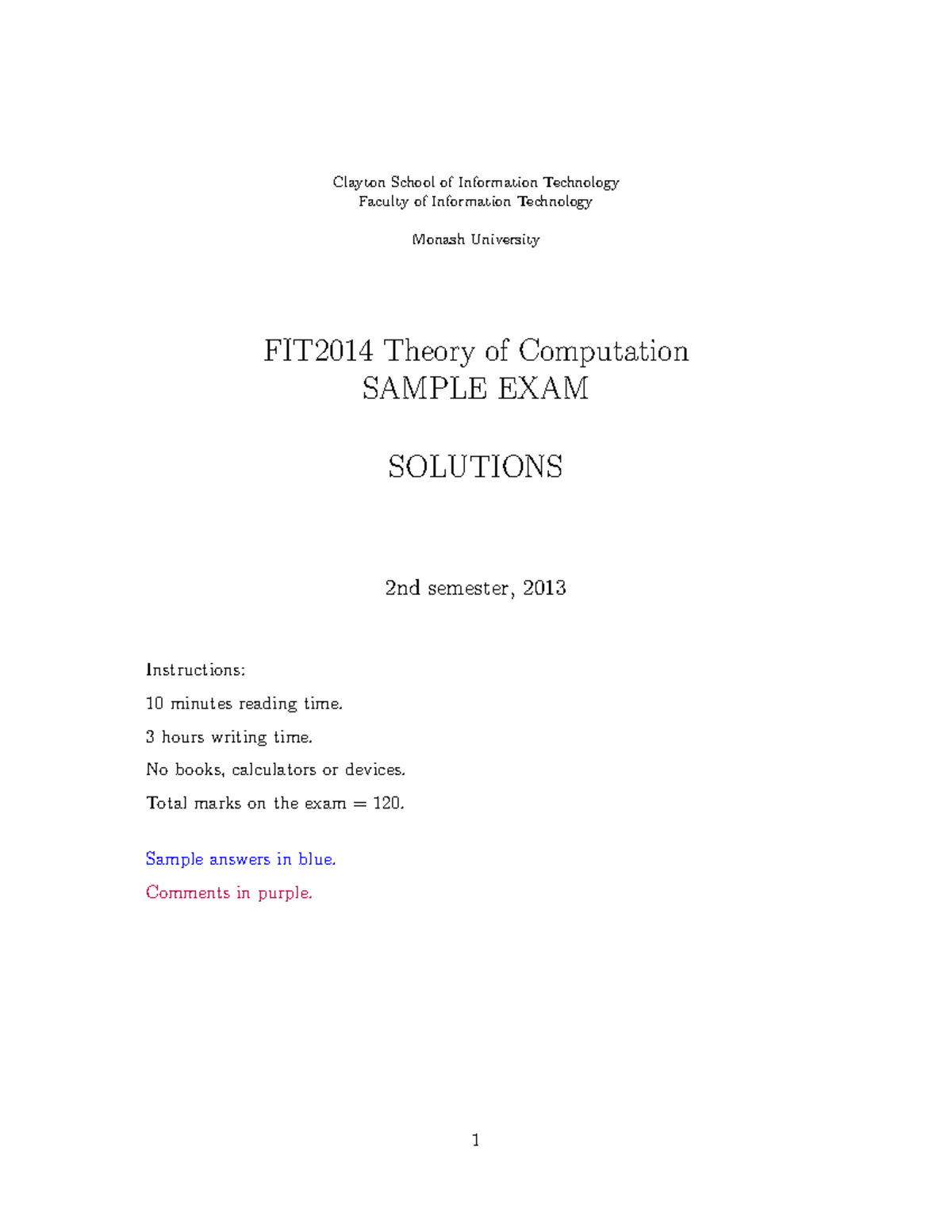 FIT2014 Sample Exam Notes & Marking Guide (2nd Sem 2013) - Studocu